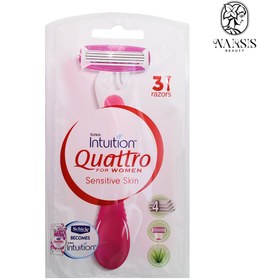 تصویر تیغ خودتراش زنانه 4 لبه کواترو شیک 3 عددی مخصوص پوست حساس SCHICK QUATTRO 4 SENSITIVE SHAVING BLADE FOR WOMEN 3PCS