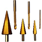 تصویر ست مته کاجی و مته مخروطی 6 عددی Step Drill Bit and Conical Drill Set of 6 Pieces