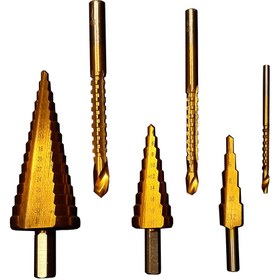 تصویر ست مته کاجی و مته مخروطی 6 عددی Step Drill Bit and Conical Drill Set of 6 Pieces