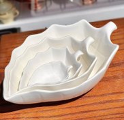 تصویر کاسه سرامیکی سفید مدل برگ در چهار سایز white ceramic bowl, leaf model, in four sizes