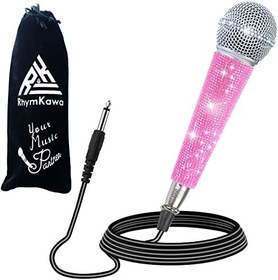 تصویر RB58 Pink Wired Microphone with 3.5M XLR Cable Connect Singing Machine Karaoke DJ Mixer Speaker System for Adult and Kids, Cardioid Dynamic Vocal Mic Bling Rhinestones Handle and Grille Band with Bag 