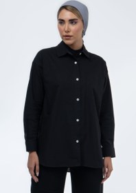 تصویر شومیز لینن اسلپ پنبه مشکی Black linen slub cotton shirt