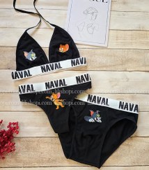 تصویر ست کاپلی زن و مرد سه تیکه شورت و نیمتنه طرح تام و جری مشکی برند NAVAL 