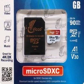 تصویر کارت حافظه microSDXC ویکومن مدل 600x plus کلاس 10 استاندارد UHS-I U3 A1 V30 سرعت 90MBs ظرفیت 64 گیگابایت به همراه آداپتور SD 