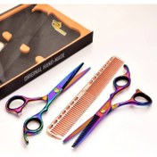 تصویر ست دو عددی قیچی آرایشگری رزونال کات و کوتاهی/پیتاژ 6 اینچ هلوگرامی هفت رنگ با شانه ا Rezonal Hairdressing Scissors E-1 & E-1T-60 Rezonal Hairdressing Scissors E-1 & E-1T-60