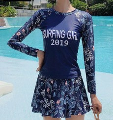 تصویر مایو شنا زنانه دوتیکه استین دار دامندار - کد 