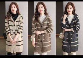 تصویر ژاکت زنانه بافت جلو دکمه بلند کلاه دار 