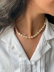 تصویر گردنبند مروارید باروک گلبهی قفل نقره 40 - 9 میلیمتر Gold baroque pearl necklace with 40 silver lock