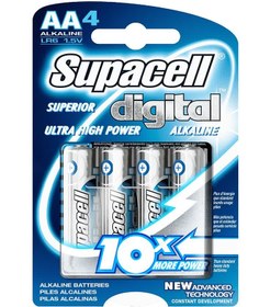 تصویر باتری قلمی آلکالاین سوپاسل کارت 4 عددیSupacell Digital Superior Alkaline for Extra High Power and Digital use. 