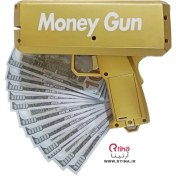 تصویر تفنگ پول پاش طلایی +بسته 100تایی دلار جدید +3 عدد باتری قلمی 