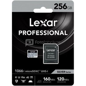 تصویر کارت حافظه microSDXC لکسار مدل 1066X کلاس A2 استاندارد UHS-U3 سرعت 160MBps ظرفیت 256 گیگابایت به همراه آداپتور SD 