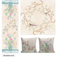 تصویر رومیزی رانر کوسن مدل باغ راز رومیزی 90*90 + رانر 140*40 + دو عدد کوسن 40*40