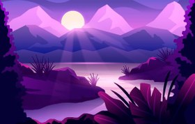 تصویر خرید وکتور غروب آفتاب در میان کوه ها با رنگ های بنفش 