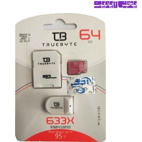 تصویر رم میکرو (کارت حافظه) تروبایت ظرفیت 64 گیگ همراه با خشاب و رم ریدر مدل TRUEBYTE microSDXC 633X A2 class10 V30 Up To 95mb/s 