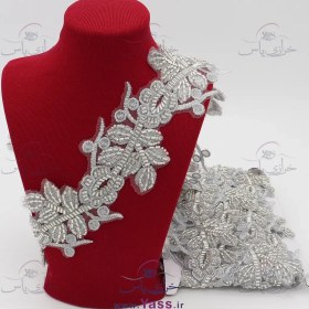 تصویر نوار تمام ملیله دوزی طرح گل و برگ نقره ای 7 سانت 