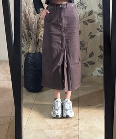 تصویر دامن زنانه اچ اند ام مدل میدی کتان رنگ شکلاتی 