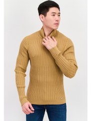 تصویر سویشرت مردانه یقه گرد با طرح راه‌راه، رنگ قهوه‌ای روشن برند hugo boss Men Turtle Neck Ribbed Sweatshirt, Tan