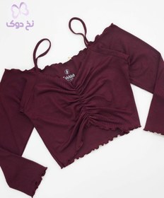 تصویر تاپ پنبه کبریتی دکلته آستین دار - خاکی 