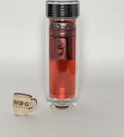 تصویر ماگ دمنوش پیرکس دوجداره استوانه درب پیچی صافی دار 