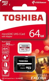 تصویر کارت حافظه microSD توشیبا مدل Exceria M302 ظرفیت 64 گیگابایت به همراه آداپتور 