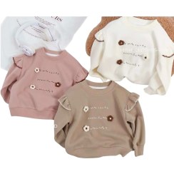 تصویر بلوز دخترانه فانتزی با طرح گل برجسته، در رنگ‌های کالباسی و نسکافه‌ای 