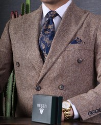 تصویر ست کراوات و دستمال جیب مردانه نسن | طرح برگ کرم سرمه‌ای T129 