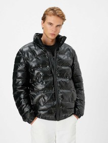 تصویر یقه پایه زیپ دار ژاکت پفی چرم 