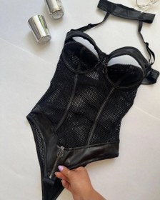 تصویر بادی زیپدار فنردار لاتکس رنگ مشکی سایز ۳۴تا۴۰ Zippered bodysuit with latex fan, black color, size 34-40