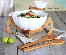 تصویر کاسه سالاد با جای سس چوب سرامیک 