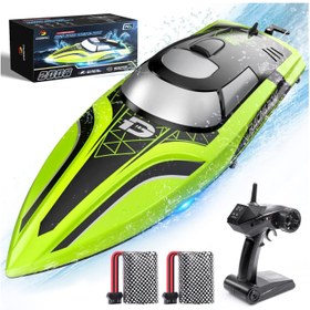 تصویر قایق کنترلی DEERC با نور LED برند deerc DEERC RC Boat with LED Light, 30+ Mins, Self Righting Remote Control Boat for Pools u0026 Lakes, 20+ MPH, 2.4GHz Racing Boats, 2