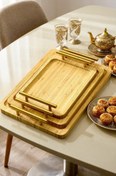 تصویر سینی پذیرایی چوبی بامبو سه عددی دسته طلایی 
