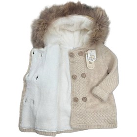 تصویر پالتو بافت کرکدار کلاه خز کرم Baby mio fluffy coat code: 5003