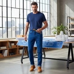 تصویر شلوار جین راسته مردانه رانگلر رنگ آبی کاربنی با نخ دوخت همرنگ مدل JR-ACH 