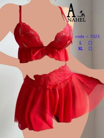 تصویر ست لباس زیر فانتزی زنانه ۳ تکه از جنس پارچه یاردی و گیپور کد 7025 Women's lingerie