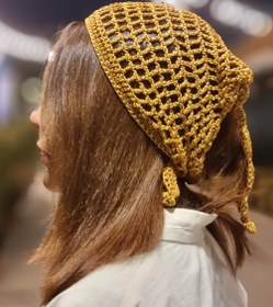 تصویر اسکارف توری مکرومه زرد Yellow macrame lace scarf