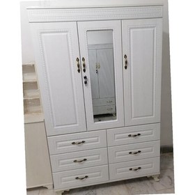 تصویر کمدلباس سفیدطرح کابینتی 3 درب و2 تیکه 6 کشو در ابعاد عرض120 عمق50 ارتفاع 190 نما وکیوم(ارسال با باربری و پس کرایه) 