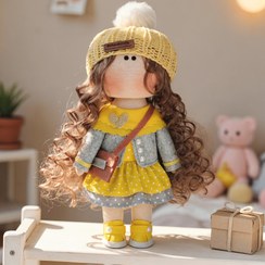 تصویر عروسک روسی30سانتی سرچرخشی مدل پیراهن طوسی زردو کت طوسی(ارسال رایگان) 