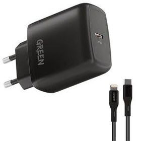 تصویر شارژر دیواری 20 وات گرین لاین مدل GN20EUCLBK به همراه کابل تبدیل لایتنینگ به USB-C 