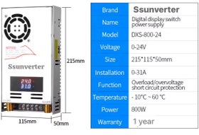تصویر مبدل دی سی به دی سی ۱۱۰ ولت به ۲۴ ولت ، ۳۱ آمپر ، توان ۸۰۰ وات ، نمایشگر ولتاژ و جریان خروجی ، ولوم تنظیم جریان و ولتاژ ، دمای -۱۰ تا ۶۰ درجه ، فن خنک کننده هوشمند DC to DC converter 110 V to 24 V, 31 amps, 800 W power, current and voltage display, voltage and current adjustment volume, temperature -10 to 60 degrees, smart cooling fan