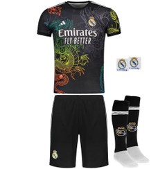 تصویر کیت رئال مادرید طرح دراگون BY سایز بچگانه و بزرگسال به همراه جوراب و مچبند 