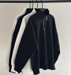 تصویر هودی نیم زیپ زنانه سفید و کرم 