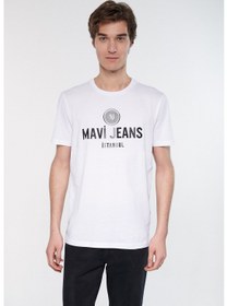 تصویر تی‌شرت سفید چاپی مردانه با جین آبی 066195-620 برند Mavi Blue Men's Blue Jeans Printed White T-Shirt 066195-620