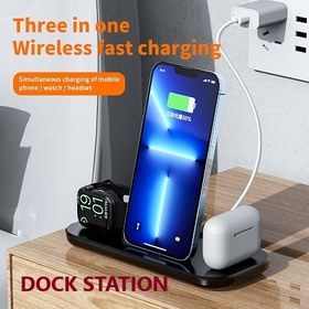 تصویر شارژر رو میزی سیمی برای آیفون برند داک استاتیون مدل A32 سه کاره - سفید Desktop charger for iphone brand DOCK STATION model A32