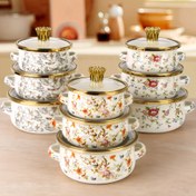 تصویر سرویس 3 تیکه میناکاری مدرن طرح گل.قابلمه لعابی درب شیشه ای دو دسته وارداتی اصل اورجینال بارکد 695318 