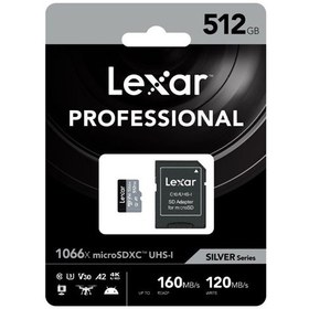 تصویر کارت حافظه microSDXC لکسار Lexarمدل 1066X کلاس A2 استاندارد UHS-U3 سرعت 160MBps ظرفیت 512 گیگابایت به همراه آداپتور SD 