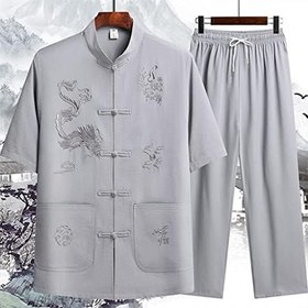 تصویر Chinese Traditional Suit Uniform for Men Short Sleeves Hanfu Linen Shirts Embroidery 