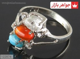 تصویر انگشتر نقره زنانه با نگین فیروزه نیشابوری و عقیق سرخ 