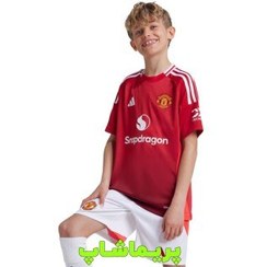 تصویر کیت پسرانه منچستریونایتد 2024 هواداری رنگ قرمز کیفیت +A تایلندی Manchester United 2024 fan kit, red color, Thai quality +A