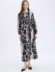 تصویر ماکسی البسه طرح دار با یقه دوچرخه‌ای و کمربند مناسب E5247AX25SP | Defacto | 893512099 | اورجینال 