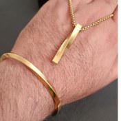 تصویر ست گردنبند دستبند پیچ طلایی با زنجیر استیل ویتالی بلند رنگ ثابت Gold color stainless steel necklace and bracelet set
